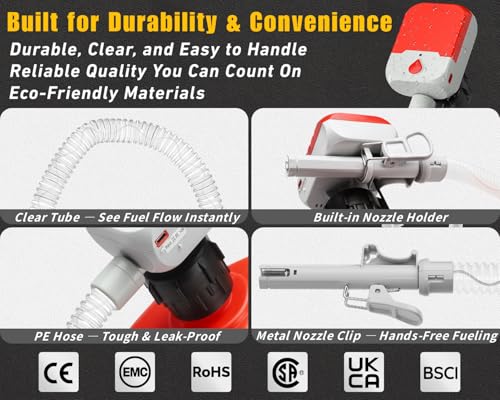 Fuel Transfer Pump with Auto-Stop, 3.8 GPM Battery or USB Powered Cordless Gas Pump, Portable Electric Pump for Gas Can with 51" Hose & 4 Adapters for Gasoline, Diesel, Oil–Spill-Free Refueling
