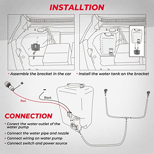 KEMIMOTO Universal Car Windshield Washer Pump Washer Fluid Reservoir Bottle Kit with Pump Jet Button Switch 12V Windshield Tank