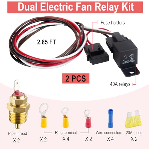 2 PCS Electric Fan Relay Kit, Dual Electric Fan Relay Kit, 185 On 175 Off Thermostat Switch 40A Relays, 12V Cooling Radiator Fan Relays Wiring Kits for Replacing Faulty Wiring, Truck Engine Cooling