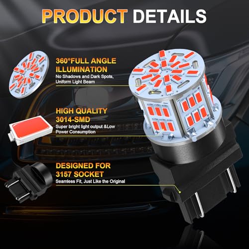 iFunyLED 4PCS 3157 LED Bulb Brake Tail Light 12V-24V Super Bright 3156 3056 3057 3047 4157 LED Replacement Light Kit Set for Car Tail Brake Lights - Brilliant Red