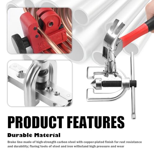25Ft 1/4" and 3/16" Brake Line Kit,Single & Double Brake Line Flaring Tool Kit with 32 Inverted Fittings and Brakes Flare Tool Kits,Copper Plated Brakes Lines Repair Kits
