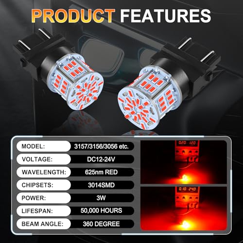 iFunyLED 4PCS 3157 LED Bulb Brake Tail Light 12V-24V Super Bright 3156 3056 3057 3047 4157 LED Replacement Light Kit Set for Car Tail Brake Lights - Brilliant Red
