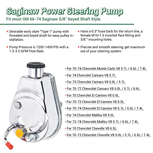 PTNHZ Saginaw Power Steering Pump P Series 5/8" Keyway Pulley Shaft Chrome Street/Hot Rod Reservoir Gearbox Relacement For 66-74 GM Chevy Chevrolet