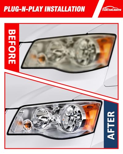 ADCARLIGHTS Compatible with 2011 2012 2013 2014 2015 2016 2018 2019 2020 Dodge Grand Caravan 08-16 Chrysler Town & Country Headlights Chrome Housing Amber Reflector Driver and Passenger（W/O Bulbs）