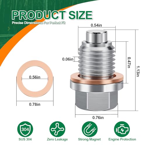 JUSTTOP M14 x 1.5 Magnetic Oil Drain Plug,Magnetic Stainless Steel Oil Pan Drain Nut Bolt with 5 PCS Washer Gasket,Fits for Ford GM Honda Hyundai KIA,Motorcycles,Boats
