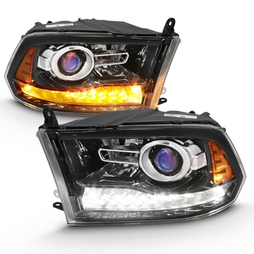 AmeriLite for 2009-2018 Dodge Ram 1500 2500 3500 BOTH Models Switchback LED Polished Black Replacement Projector Headlight Assembly Set - Passenger and Driver Side