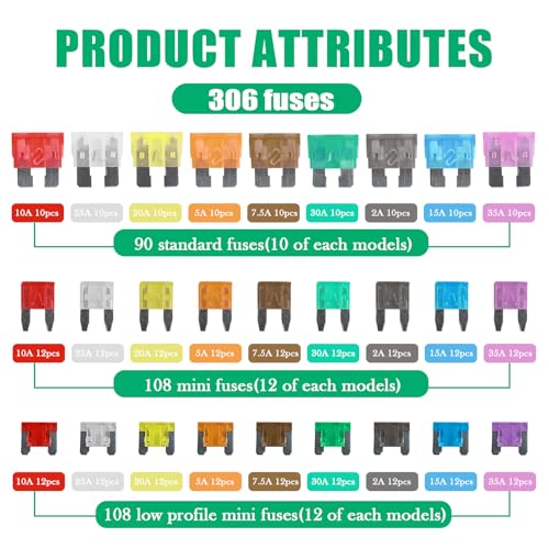 306PCS Car Fuses Assortment Kit,Fuses Automotive Kit Indudes Mini & Low Profile Mini & Standard Fuse for (35A,30A,25A,20A,15A,10A,7.5A,5A,2A),Fusibles para Carro with Circuit Tester