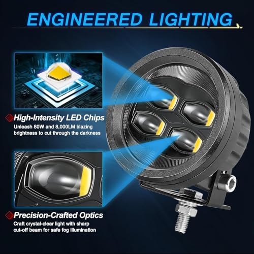 SAE Yellow Fog Lights, ACEC SHOP 2PCS 80W 3.5 Inch Round LED Fog Light Bars DOT Approved Street Legal Amber Pods Off Road Driving Light for Truck Pickup Wrangler Tacoma Tundra F150 UTV SUV Motorcycle