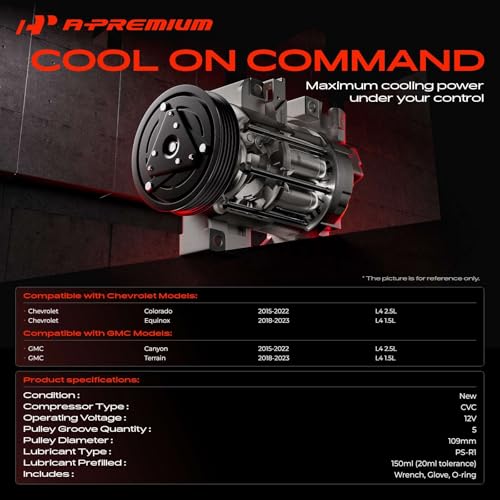 A-Premium A/C AC Compressor with Clutch Compatible with Chevrolet Colorado 2.5L 2015-2022, Equinox 1.5L 2018-2023, GMC Canyon 2.5L 2015-2022, Terrain 1.5L 2018-2023, CVC Style, 5 Grooves