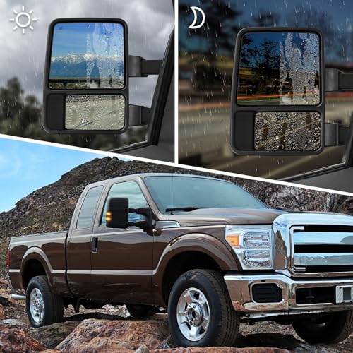 Tow Mirrors Compatible With 1999-2016 Ford F250 F350 F450 F550 Super Duty Truck Power Heated Manual telescoping&folding Pair LED Turn Signal Smoke
