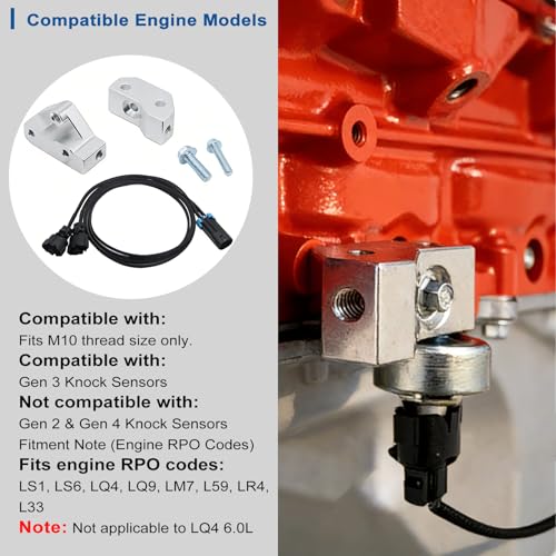 LS Gen 3 Knock Sensor Relocation Brackets with 41 Inch Extension Wire Harness Kit for 1997-2007 GM Gen III LS V8 Engines LS1 LM7 LR4 LQ4 LS6 L59 LQ9 LM4 L33 Aluminum