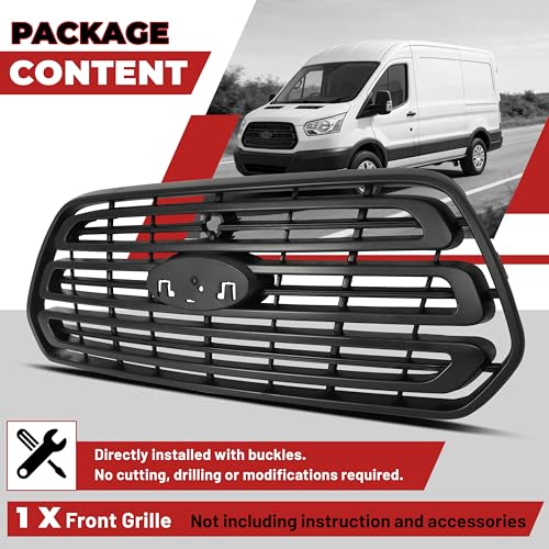 HECASA Front Grille Compatible with 2015-2019 Ford Transit 150 250 350 350HD Grill Assembly ABS Plastic Black Replacemant for CK4Z-17E810-AA FO1200587