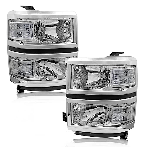 ADCARLIGHTS Headlight Assembly for 2014 2015 Chevy Silverado 1500 Chrome Housing with Clear Reflector Left and Right Pair（W/O Bulbs）