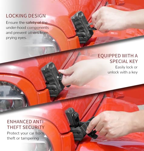 Locking Hood Latch with Keys, Jeep Hood Latch Compatible with 2018-2026 Jeep Wrangler JL JLU Jeep Gladiator JT, Anti-Theft Hood Lock Catch Latch Accessories, Dust & Water Resistant, 1 Pair(Not for JK)