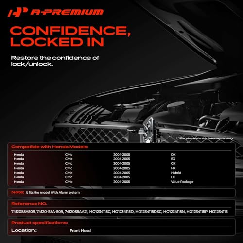 A-Premium Hood Latch Lock Compatible with 2004 2005 Honda Civic, for Model with Alarm System, Front Hood Lock Engine Bonnet Latch Assembly