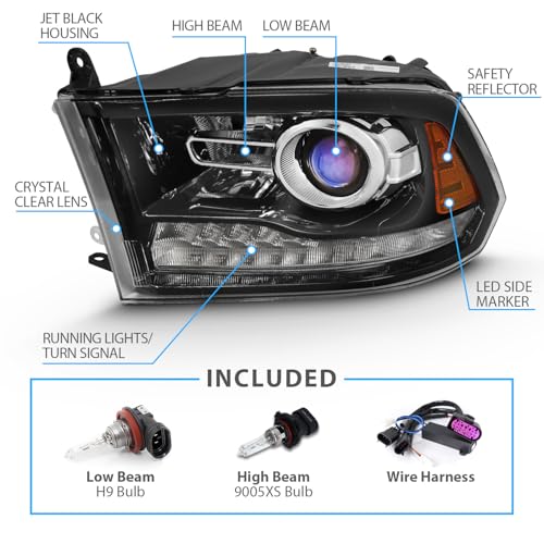 AmeriLite for 2009-2018 Dodge Ram 1500 2500 3500 BOTH Models Switchback LED Polished Black Replacement Projector Headlight Assembly Set - Passenger and Driver Side