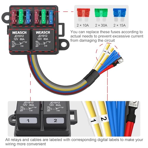 Weasch 12V 6 Way Pre-Wired Fuse Relay Box Kit with Two 80A 4-Pin Relays