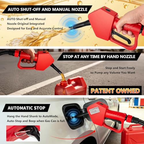 Portable Fuel Transfer Pump with Auto-Stop & Hand Nozzle, 80'' Pumping lift,fit different gas barrel sizes and depths, no adapters needed,3.8GPM, mulitiple power supply,for Gasoline, Diesel, Kerosene