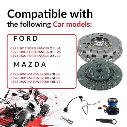 Clutch And Slave Kit With Pre-BClutch Master Cylinder and Line Assembly Compatible With Ranger B2300 B2500 B3000 1995-2011 2.3L L4 2.5L L4 3.0L V6 (Self Adjusting Plate; 07-116S)