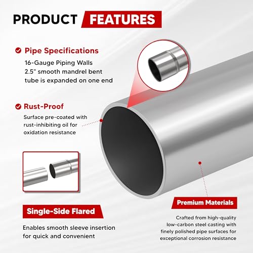 VONLX 8pcs 2.5-Inch Mild Steel Exhaust Pipe Kit, 16-Gauge Piping Walls, Custom Exhaust Pipe Kit Sets Tubing Mandrel Bend Pipe Straight & U-Bend, Universal Fit