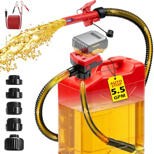 5.5 GPM Cordless Fuel Transfer Pump with Auto Shut-Off & Beep Alert, 57"Hose & 5Adapters, Compatible with DeWalt 20V & Milwaukee 18V Batteries, Portable Gas Can Pump for Gasoline andDiesel (Bare Tool)