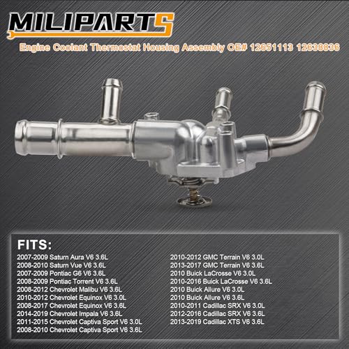 MILIPARTS Coolant Thermostat Housing Assembly Fit for 2010 2011-2017 Chevy Buick Allure LaCross GMC Equinox Impala Malibu Terrain Cadillac SRX XTS Pontiac G6 Torrent 2009 Saturn Aura Vue 3.0L 3.6L