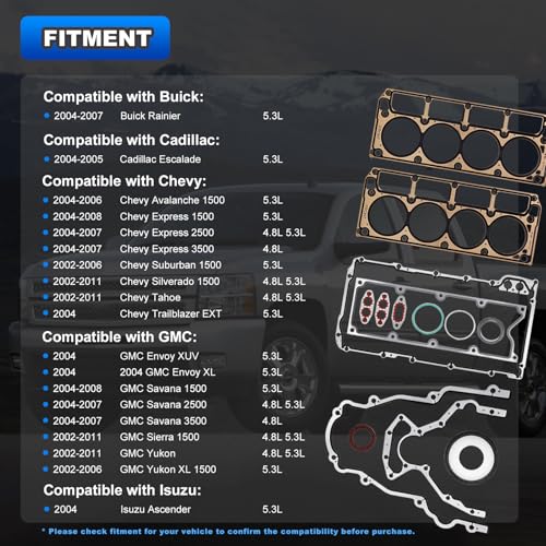 5.3 4.8 MLS Full Cylinder Head Engine Gasket Kit Compatible with 2002-2011 Chevy Silverado Tahoe Avalanche Express Suburban, GMC Sierra Savana Yukon, Buick Escalade 4.8L 5.3L V8