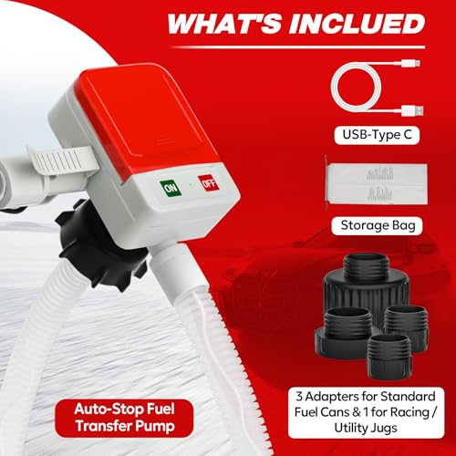Keimi Portable Fuel Transfer Pump with Auto-Stop, 3.2 Gallon per Min, 51" Extra Long Hose, Battery & USB Powered, 4 Can Adapters, Leak-proof Gas Pump for Oil, Diesel and Gasoline
