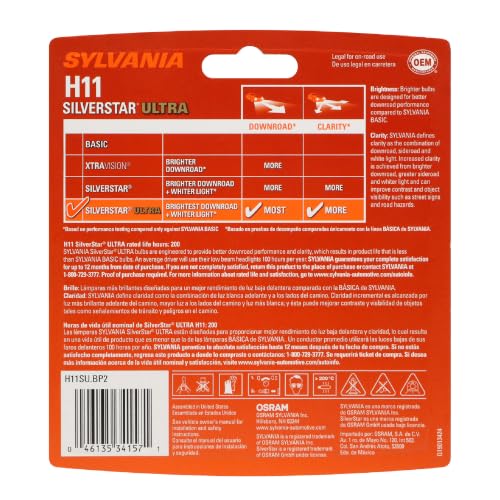 SYLVANIA - H11 SilverStar Ultra - High Performance Halogen Headlight Bulb, High Beam, Low Beam and Fog Replacement Bulb, Brightest Down Road with Whiter Light, Tri-Band Technology (Contains 2 Bulbs)