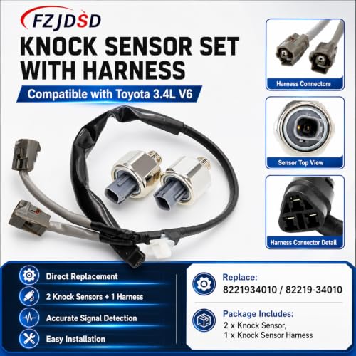 FZJDSD 2pcs Engine Knock Sensor with Harness 8221934010 Compatible with Toyota 4runner 1995-2002 T100 1995-1998 Tacoma 1995-2004 Tundra 2000 2001 2002 3.4L V6 Replace 82219-34010