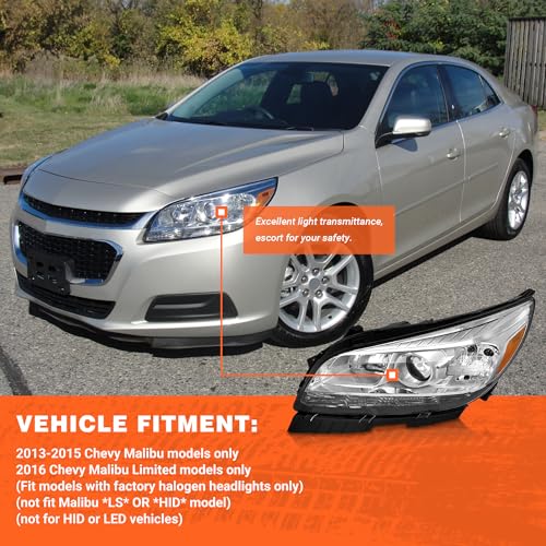 AXLAHA Headlights Assembly for 2013 2014 2015 Chevy Malibu 4-Door LT/LTZ fit 2016 Chevy Malibu Limited Headlamp with Factory Halogen 4 Door Sedan Chrome Housing Driver & Passenger Side(No Bulb)