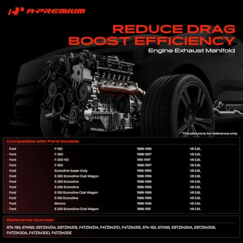A-Premium 2PCS Left & Right [OHV 8Cyl 5.8L] Engine Exhaust Manifold Kits W/Gaskets, Studs, Nuts Compatible with Ford F-150 1988-1996, F-250, F-250 HD, F-350, E-150 E-250 E-350 Econoline & More