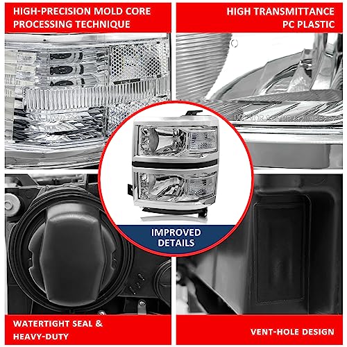 ADCARLIGHTS Headlight Assembly for 2014 2015 Chevy Silverado 1500 Chrome Housing with Clear Reflector Left and Right Pair（W/O Bulbs）