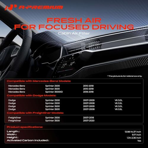 A-Premium Cabin Air Filter with Activated Carbon Compatible with Mercedes-Benz Sprinter 2500/3500 2010-2018, Sprinter 3500XD 2018 & Dodge Sprinter 2500/3500 & Freightliner Sprinter 2500/3500