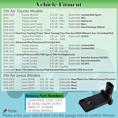 Yukrotor Mass Air Flow Sensor MAF Sensor 22204-75030 Compatible with Toyota 4Runner Corolla Land Cruiser Prius Sequoia Tacoma Tundra Lexus GX460 GX470 Replaces OE# 22204-0F030