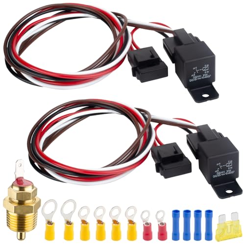 2 PCS Electric Fan Relay Kit, Dual Electric Fan Relay Kit, 185 On 175 Off Thermostat Switch 40A Relays, 12V Cooling Radiator Fan Relays Wiring Kits for Replacing Faulty Wiring, Truck Engine Cooling