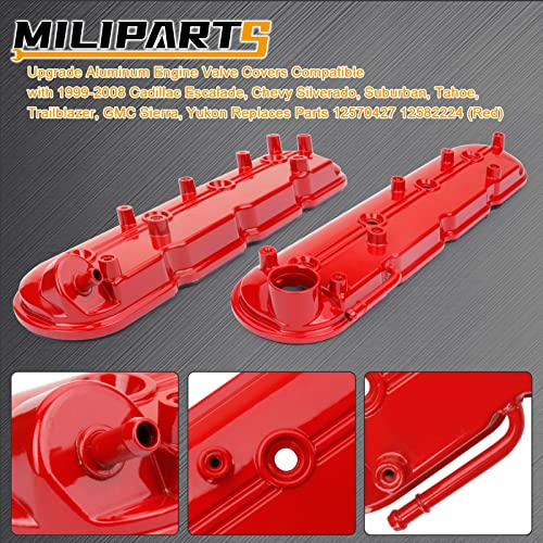 MILIPARTS Upgrade Aluminum Engine Valve Covers Compatible with 1999-2008 Cadillac Escalade Chevy Silverado, Suburban Tahoe Trailblazer GMC Sierra Yukon Replaces Parts 12570427 12582224