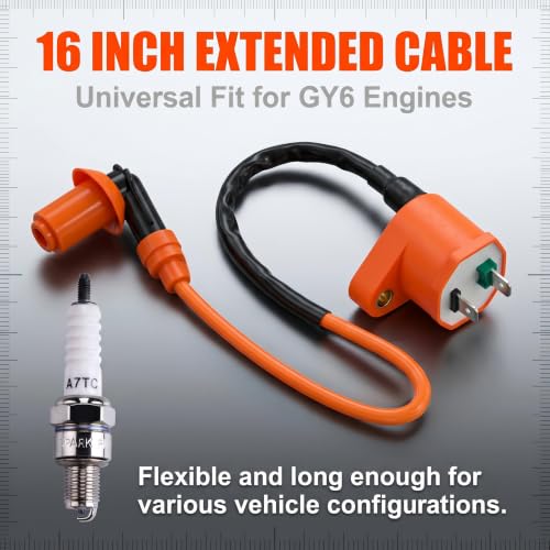 ekurfos 2 PCS High Performance Racing Coil and Spark Plug, GY6 50cc 150cc 125cc 4-stroke Engine Ignition Coil, Moped Parts Fits for ATVs Scooters Karts Scooters (Orange)