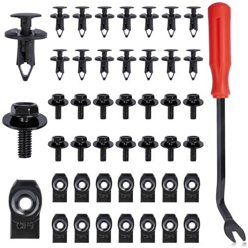45PCS Engine Under Cover Splash Shield Guard Body Bolts Screws, Universal Style Bumper Fender Liner Push Retainer Fastener Rivet Clips with Tool, Compatible with Most Brand of Vehicles (Black)