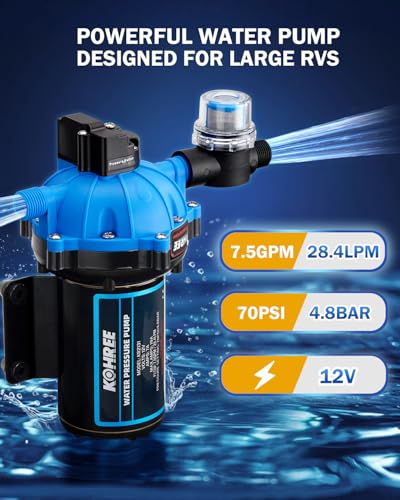 Kohree 12V RV Water Pump 7.5GPM 70PSI Self-Priming 5-Chamber Diaphragm Pump