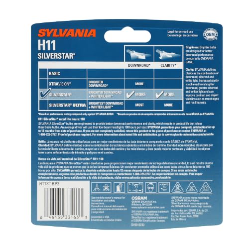 SYLVANIA - H11 SilverStar - High Performance Halogen Headlight Bulb, High Beam, Low Beam and Fog Replacement Bulb, Brighter Down Road with Whiter Light (Contains 2 Bulbs)