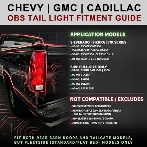 AmeriLite for 1988-1999 Chevy GMC C/K Pickup Vehicle Full Size Tahoe Suburban Crystal Red Replacement C-Type LED Tube Tail Lights Assembly Set - Passenger and Driver Side