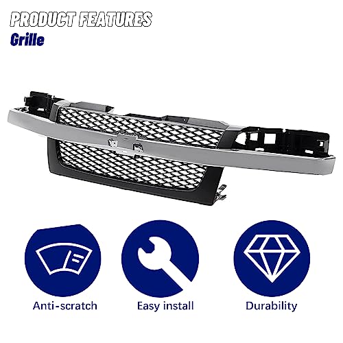 JustDrivably Front Grille Grill With Dark Gray Mesh Insert Compatible With 2004-2012 Chevrolet Colorado (With Chromed Center Molding Bar)