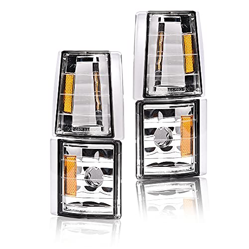 CNNELL Corner Signal Lights Side Marker Lamps Compatible with GMC 1994-1999 C1500 K1500 Yukon C2500 K2500 Suburban/1994-2000 C2500 C3500 K2500 K3500 4Pcs, Clear lens Chrome Housing Amber Reflector