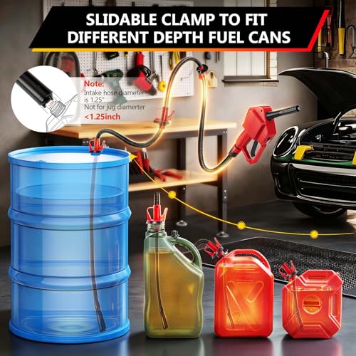 Portable Fuel Transfer Pump with Auto-Stop & Hand Nozzle, 80'' Pumping lift,fit different gas barrel sizes and depths, no adapters needed,3.8GPM, mulitiple power supply,for Gasoline, Diesel, Kerosene