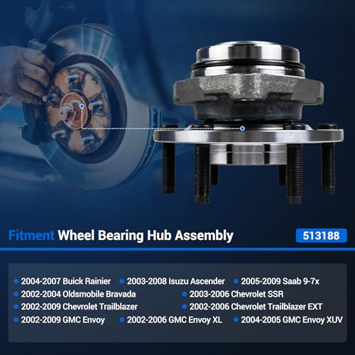 Autoround Front Wheel Hub and Bearing Assembly 513188 fit for Chevy Trailblazer SSR, GMC Envoy, Buick Rainier, Oldsmobile Bravada, Isuzu Ascender, Saab 9-7x 6 Lug w/ABS