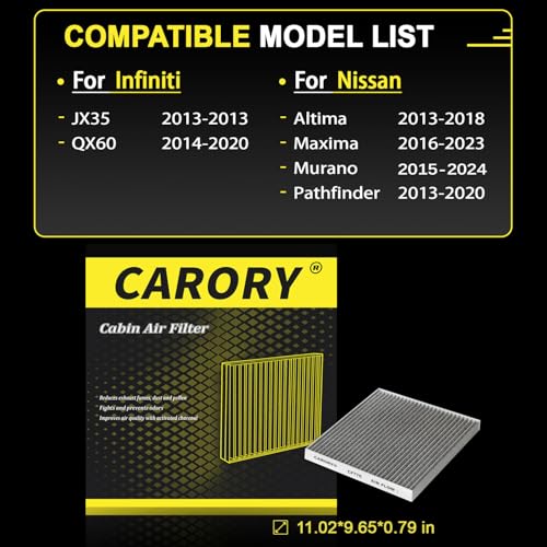 Cabin Air Filter w/Activated Carbon for Nissan Altima 2013-2018, Maxima 2016-2023, Murano 2015-2024, Pathfinder 2013-2020, Infiniti QX60 2014-2020, JX35 2013, CF776