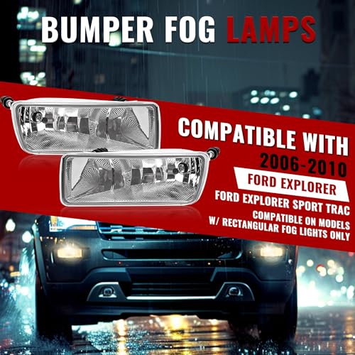 HECASA Fog Light Pair Compatible with 2006-2010 Ford Explorer/Explorer Sport Trac Halogen Fog Lamp w/Bulbs Replacement for FO2594100 FO2595100 6L2Z15201AA 6L2Z15200AA Clear Lens Left & Right