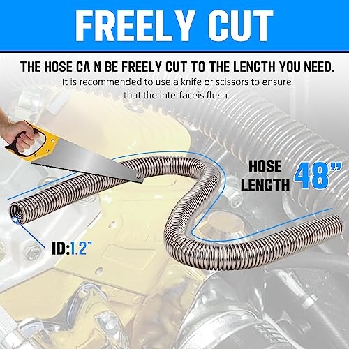 iRKY 48" Flexible Radiator Hose Stainless Steel Universal Water Hoses Adapter Coolant Radiator Hose Kit With 4Pcs Chrome Caps (8 Clamps, Silver)
