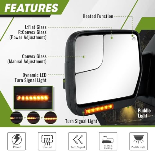 SIZIOM Side Mirrors for 2004-2014 Ford F-150 with Dynamic Turn Signal Puddle Light Heated Power Glass Manual Folding Tow Mirrors- Pair